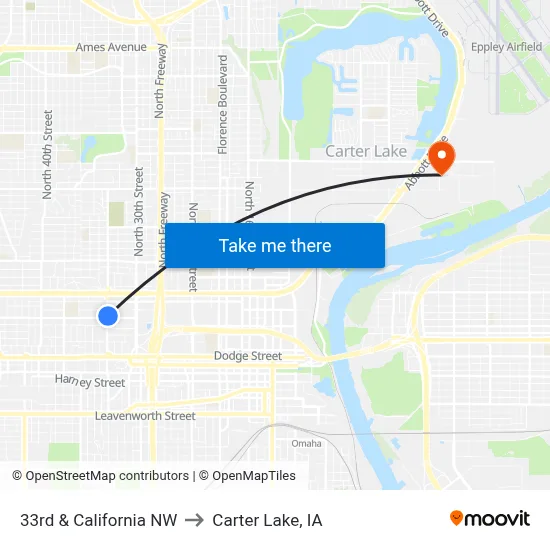 33rd & California NW to Carter Lake, IA map