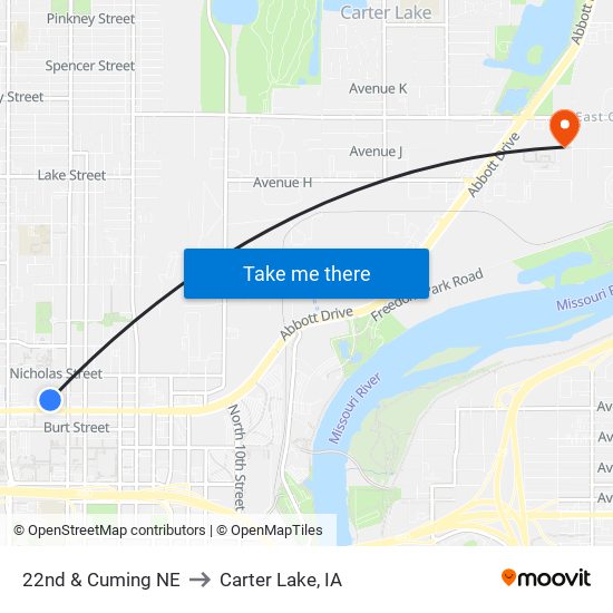 22nd & Cuming NE to Carter Lake, IA map