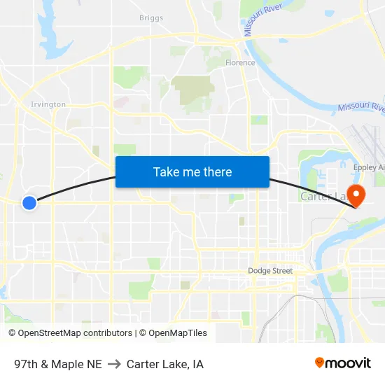 97th & Maple NE to Carter Lake, IA map