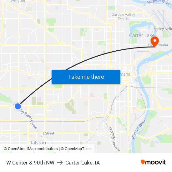 W Center & 90th NW to Carter Lake, IA map