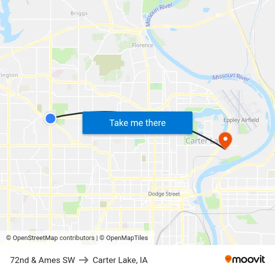 72nd & Ames SW to Carter Lake, IA map