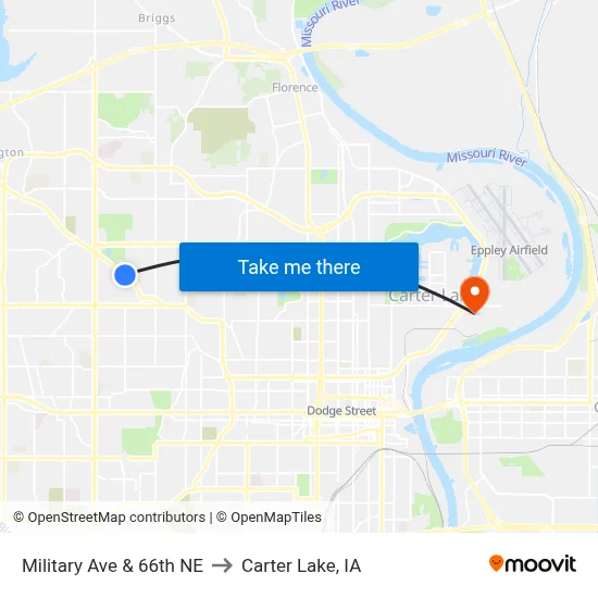 Military Ave & 66th NE to Carter Lake, IA map