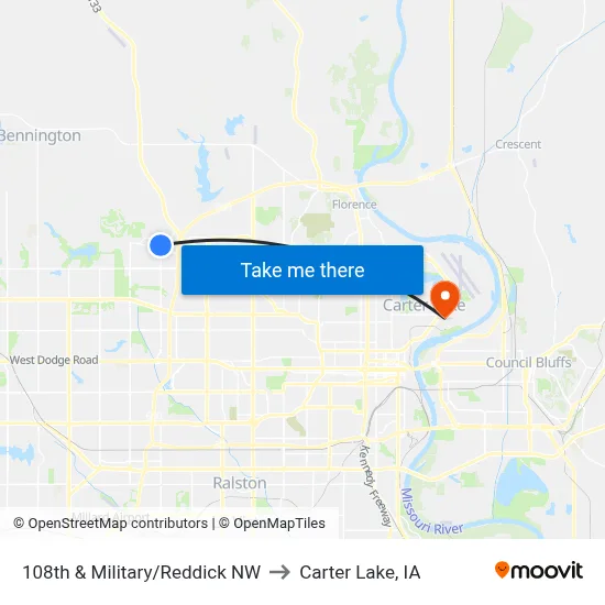 108th & Military/Reddick NW to Carter Lake, IA map