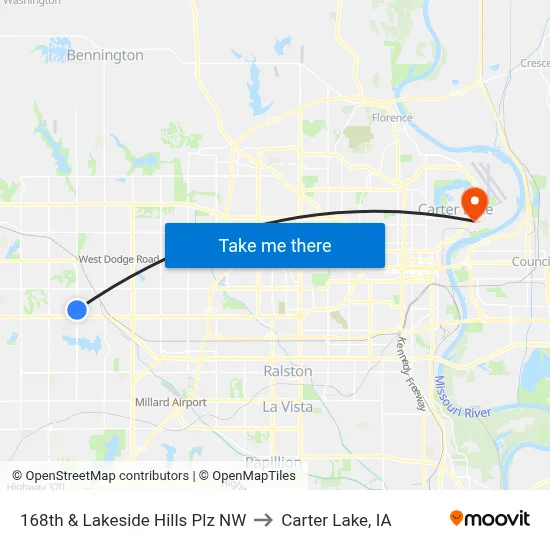 168th & Lakeside Hills Plz NW to Carter Lake, IA map