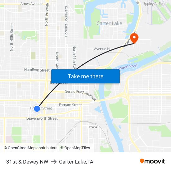 31st & Dewey NW to Carter Lake, IA map