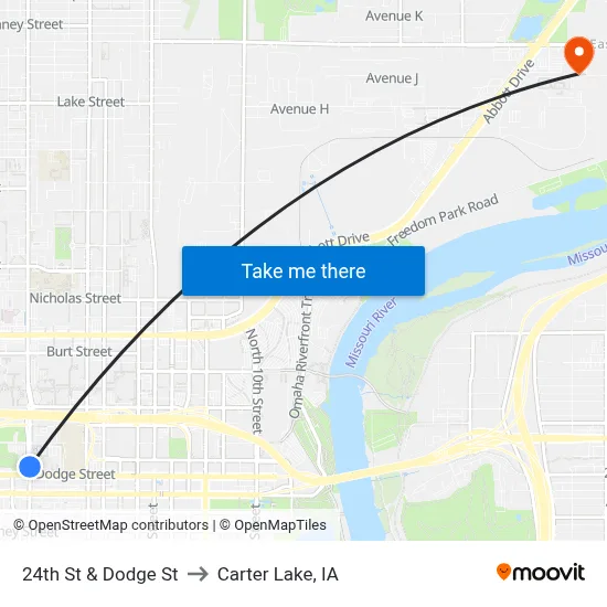 24th St & Dodge St to Carter Lake, IA map
