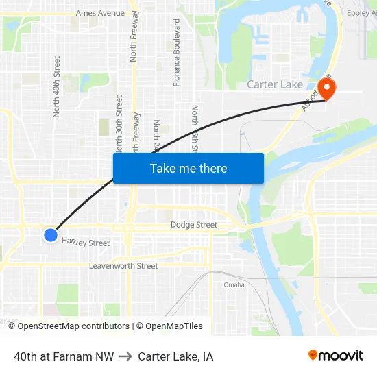 40th at Farnam NW to Carter Lake, IA map