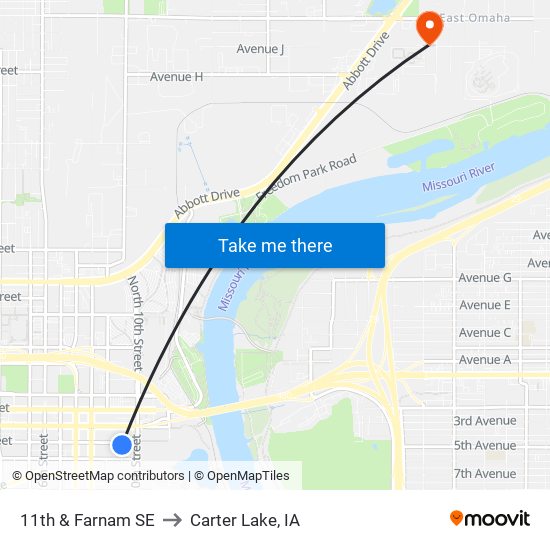 11th & Farnam SE to Carter Lake, IA map