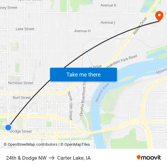 24th & Dodge NW to Carter Lake, IA map