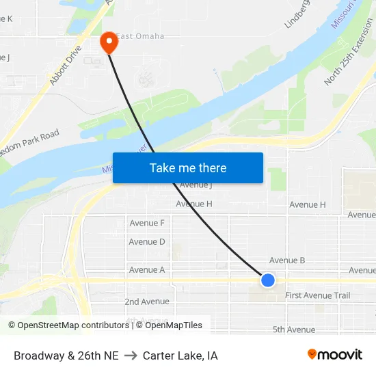 Broadway & 26th NE to Carter Lake, IA map