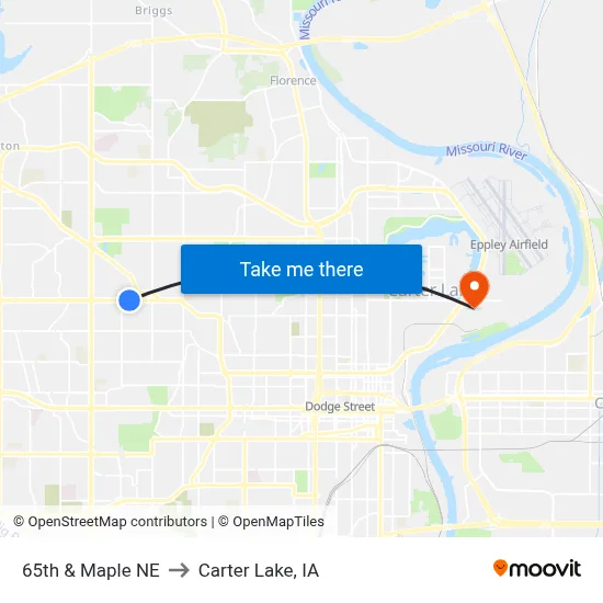 65th & Maple NE to Carter Lake, IA map