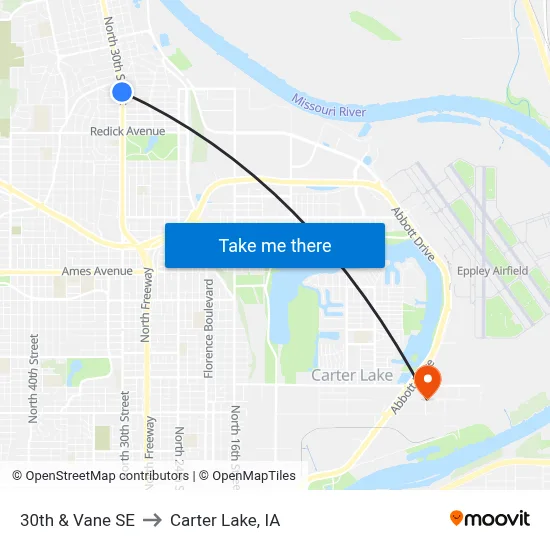 30th & Vane SE to Carter Lake, IA map
