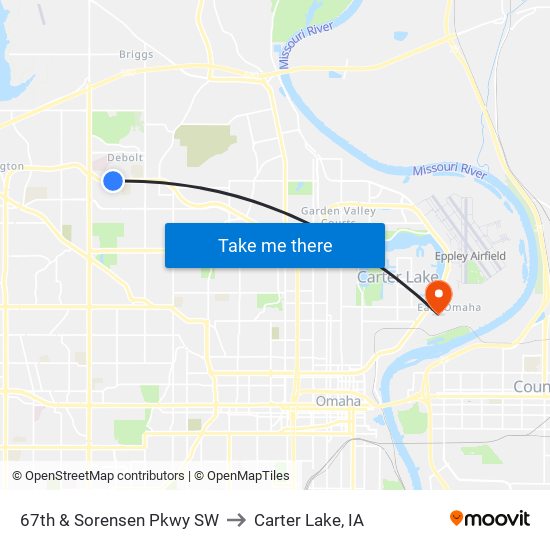 67th & Sorensen Pkwy SW to Carter Lake, IA map