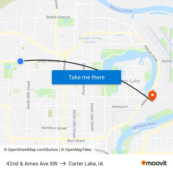 42nd & Ames Ave SW to Carter Lake, IA map