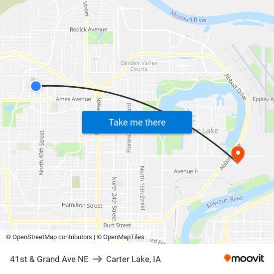 41st & Grand Ave NE to Carter Lake, IA map