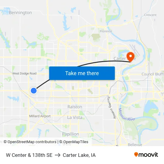 W Center & 138th SE to Carter Lake, IA map