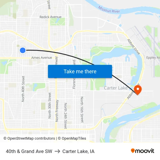40th & Grand Ave SW to Carter Lake, IA map