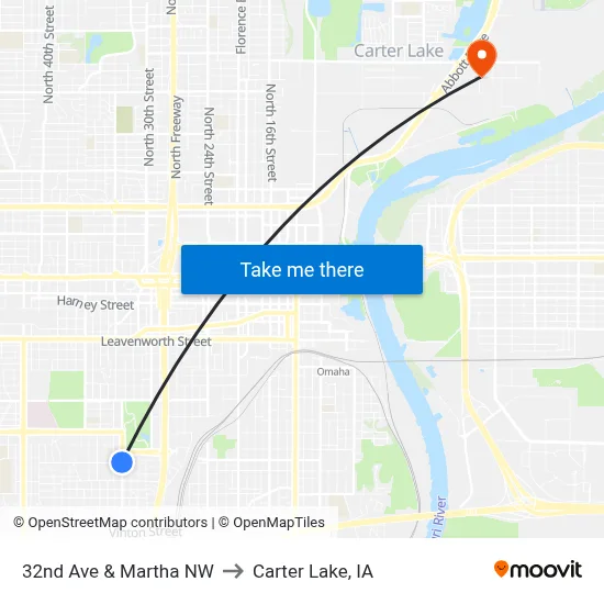 32nd Ave & Martha NW to Carter Lake, IA map