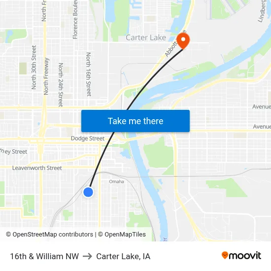 16th & William NW to Carter Lake, IA map