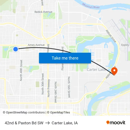 42nd & Paxton Bd SW to Carter Lake, IA map
