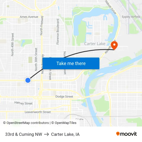 33rd & Cuming NW to Carter Lake, IA map