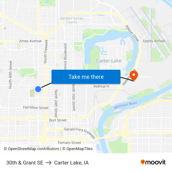 30th & Grant SE to Carter Lake, IA map
