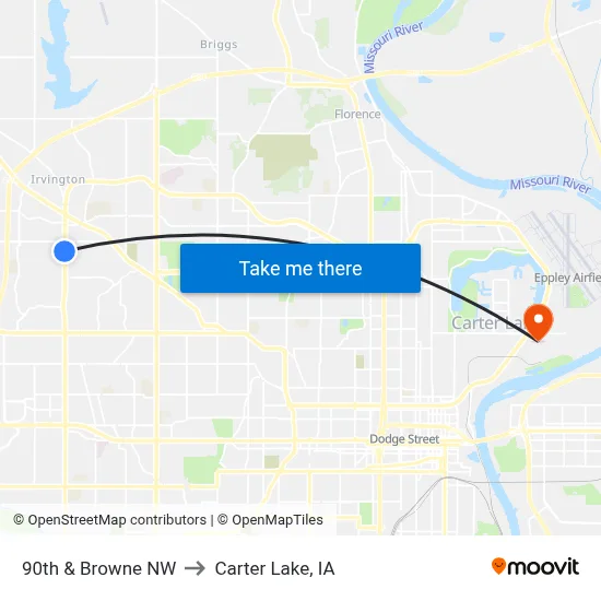 90th & Browne NW to Carter Lake, IA map