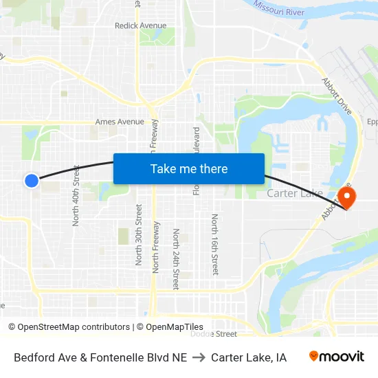 Bedford Ave & Fontenelle Blvd NE to Carter Lake, IA map