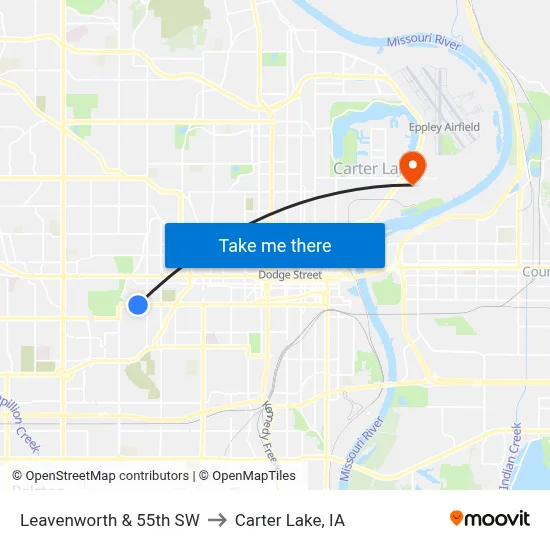 Leavenworth & 55th SW to Carter Lake, IA map