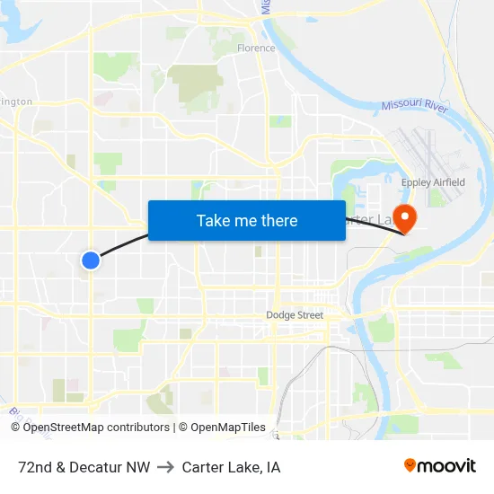 72nd & Decatur NW to Carter Lake, IA map