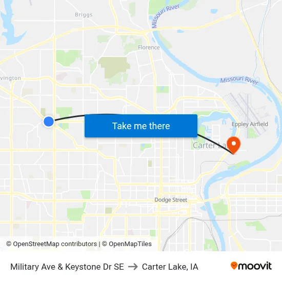 Military Ave & Keystone Dr SE to Carter Lake, IA map
