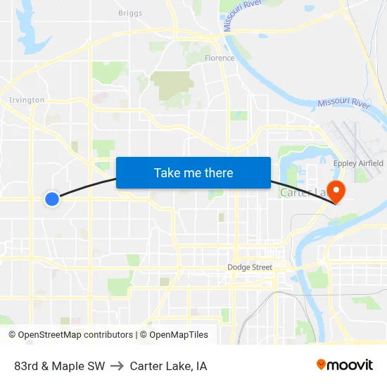 83rd & Maple SW to Carter Lake, IA map