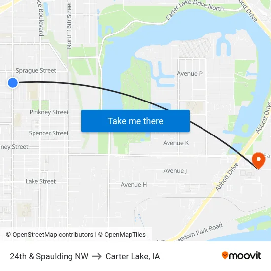 24th & Spaulding NW to Carter Lake, IA map