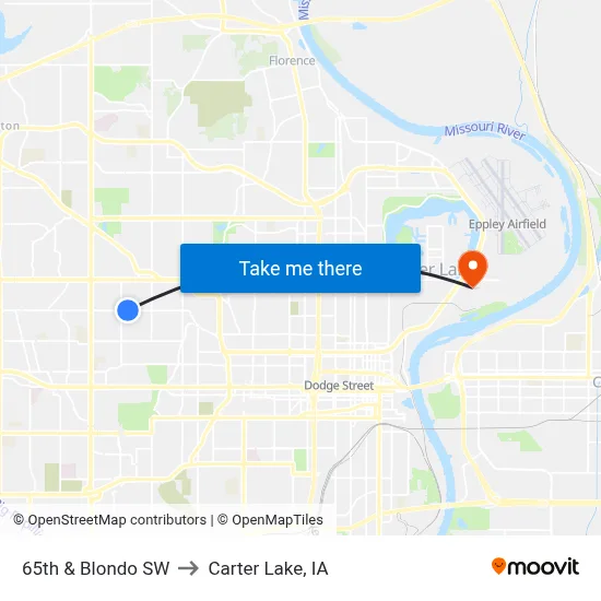65th & Blondo SW to Carter Lake, IA map