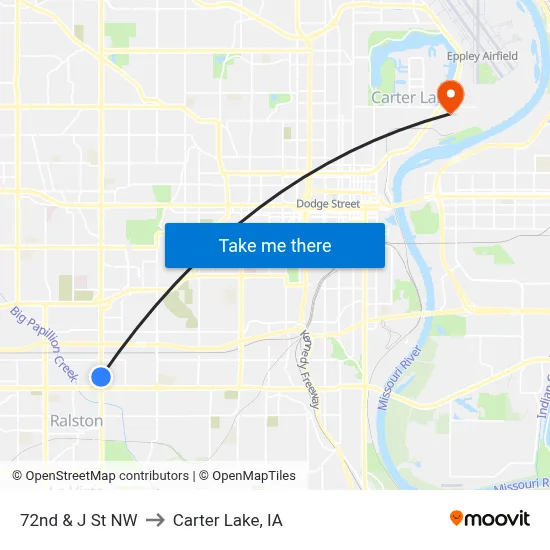 72nd & J St NW to Carter Lake, IA map