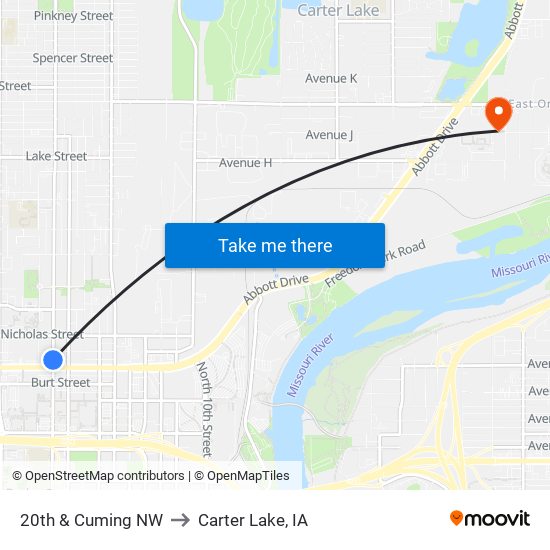 20th & Cuming NW to Carter Lake, IA map