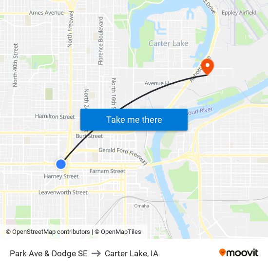 Park Ave & Dodge SE to Carter Lake, IA map