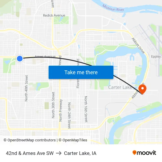 42nd & Ames Ave SW to Carter Lake, IA map
