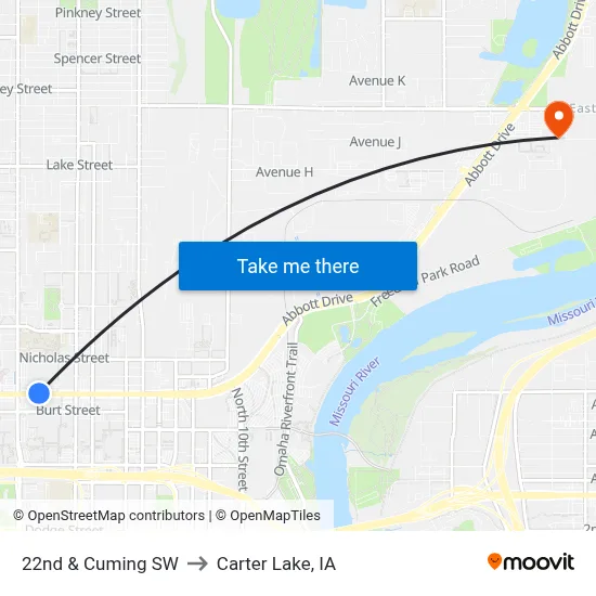 22nd & Cuming SW to Carter Lake, IA map