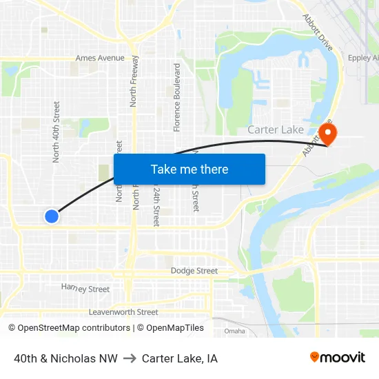 40th & Nicholas NW to Carter Lake, IA map