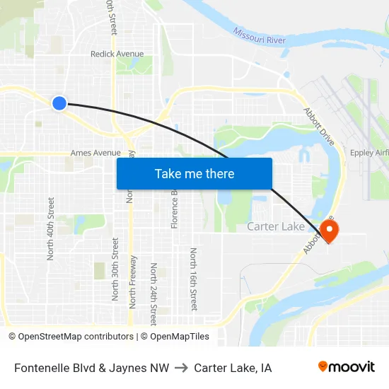 Fontenelle Blvd & Jaynes NW to Carter Lake, IA map
