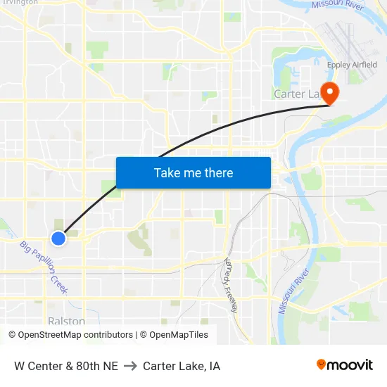 W Center & 80th NE to Carter Lake, IA map