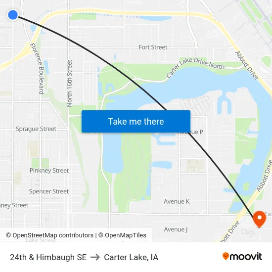 24th & Himbaugh SE to Carter Lake, IA map