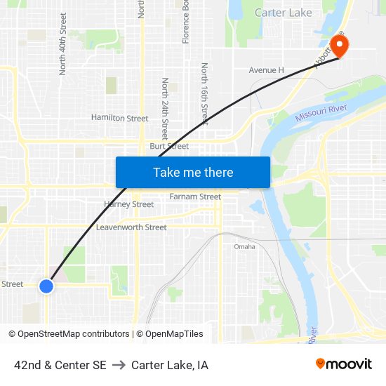 42nd & Center SE to Carter Lake, IA map