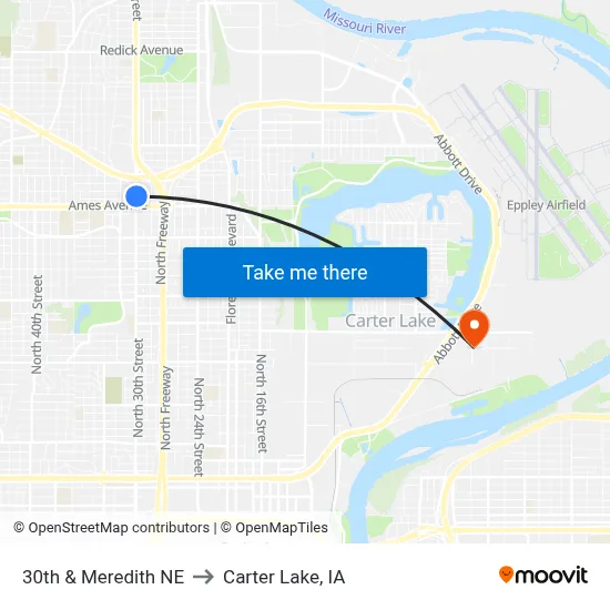30th & Meredith NE to Carter Lake, IA map