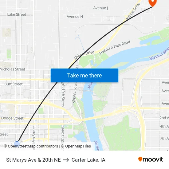 St Marys Ave & 20th NE to Carter Lake, IA map