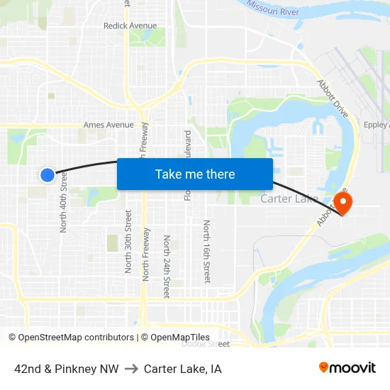 42nd & Pinkney NW to Carter Lake, IA map