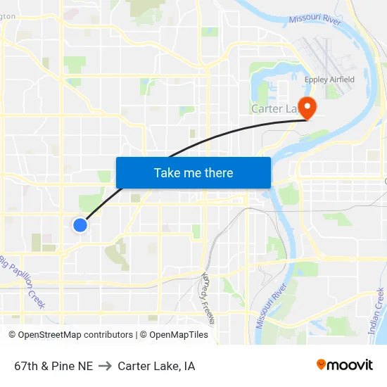 67th & Pine NE to Carter Lake, IA map