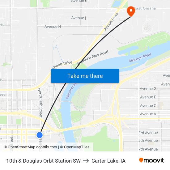 10th & Douglas Orbt Station SW to Carter Lake, IA map