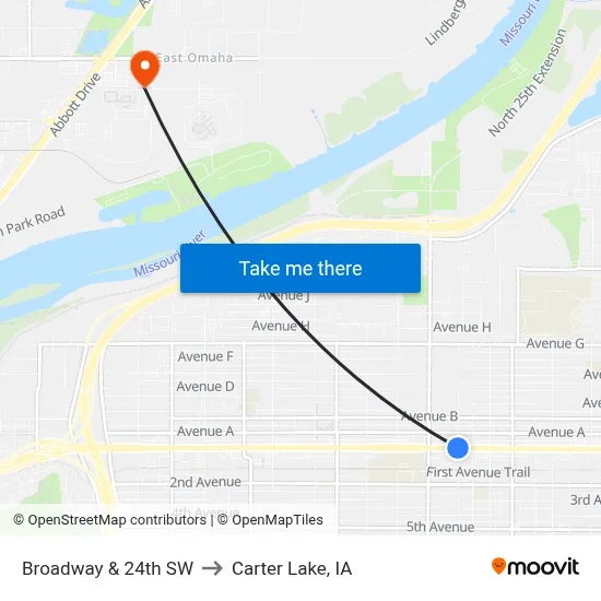 Broadway & 24th SW to Carter Lake, IA map